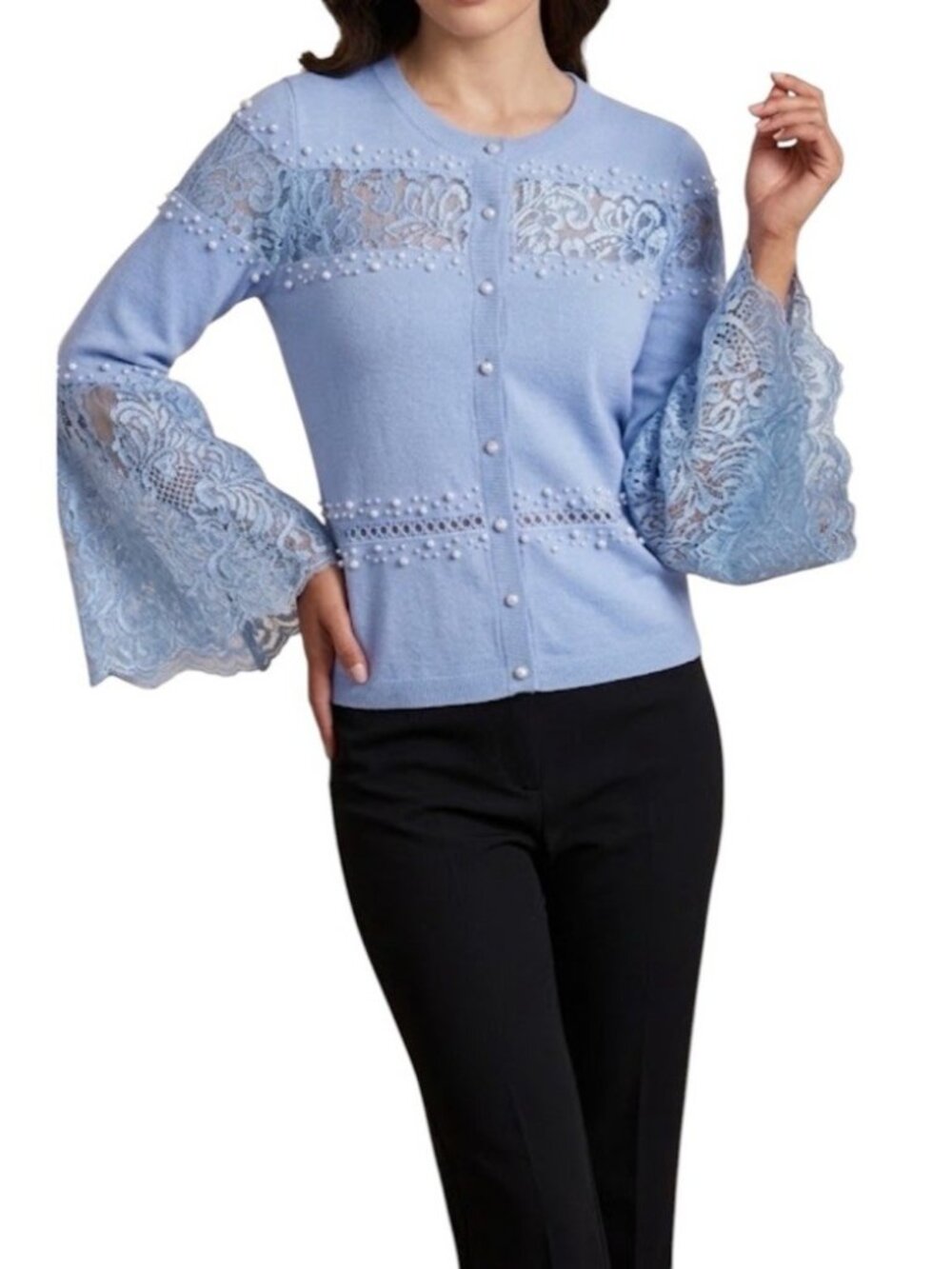 Boston Proper Pearl Embellished Lace Bell Sleeve Blue Cardigan Sweater Medium